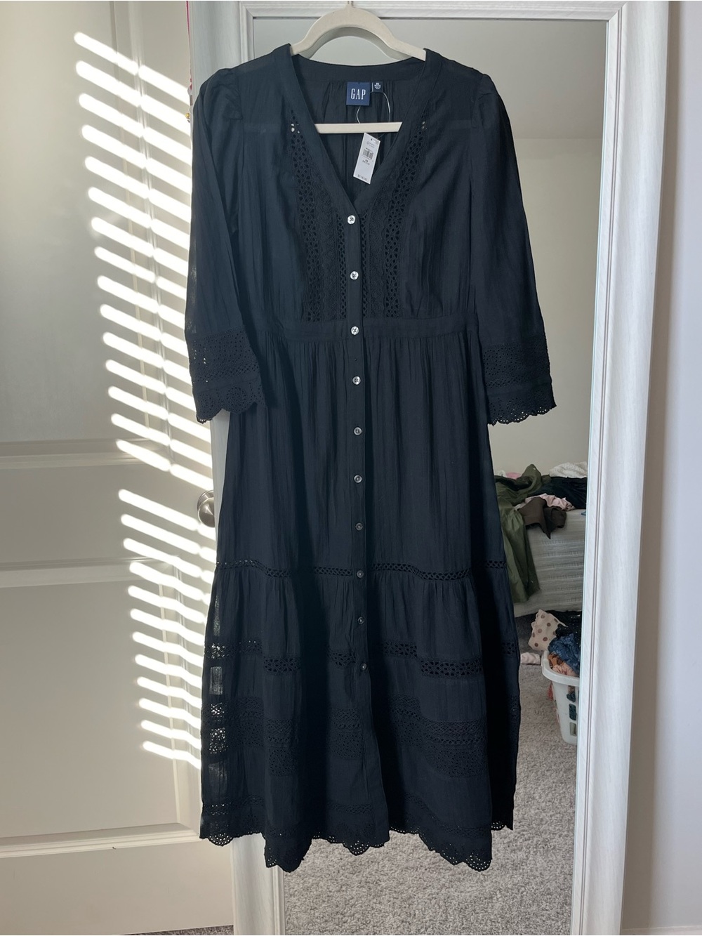 GAP Black Button-Front Eyelet Midi Dress
